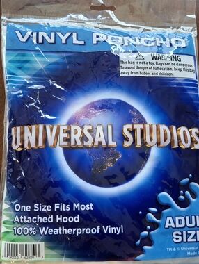 Universal Blue Vinyl Rain Poncho with Gold Logo
